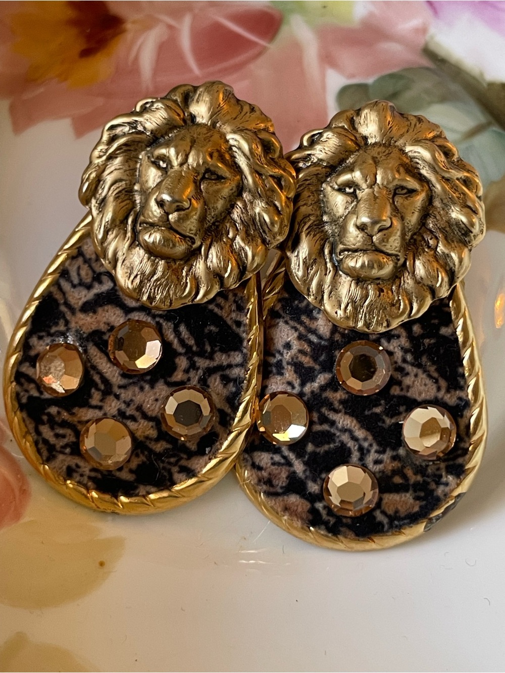 Gold Lion Head Statement Earrings with Leopard Print and Rhinestones